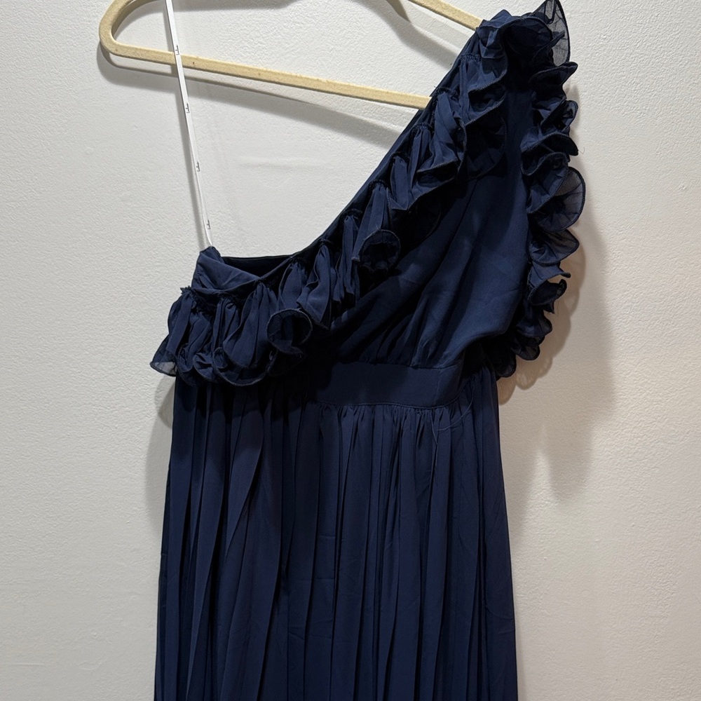 Lulu's Splendid Charisma Navy Ruffled Pleated One-Shoulder Midi Dress